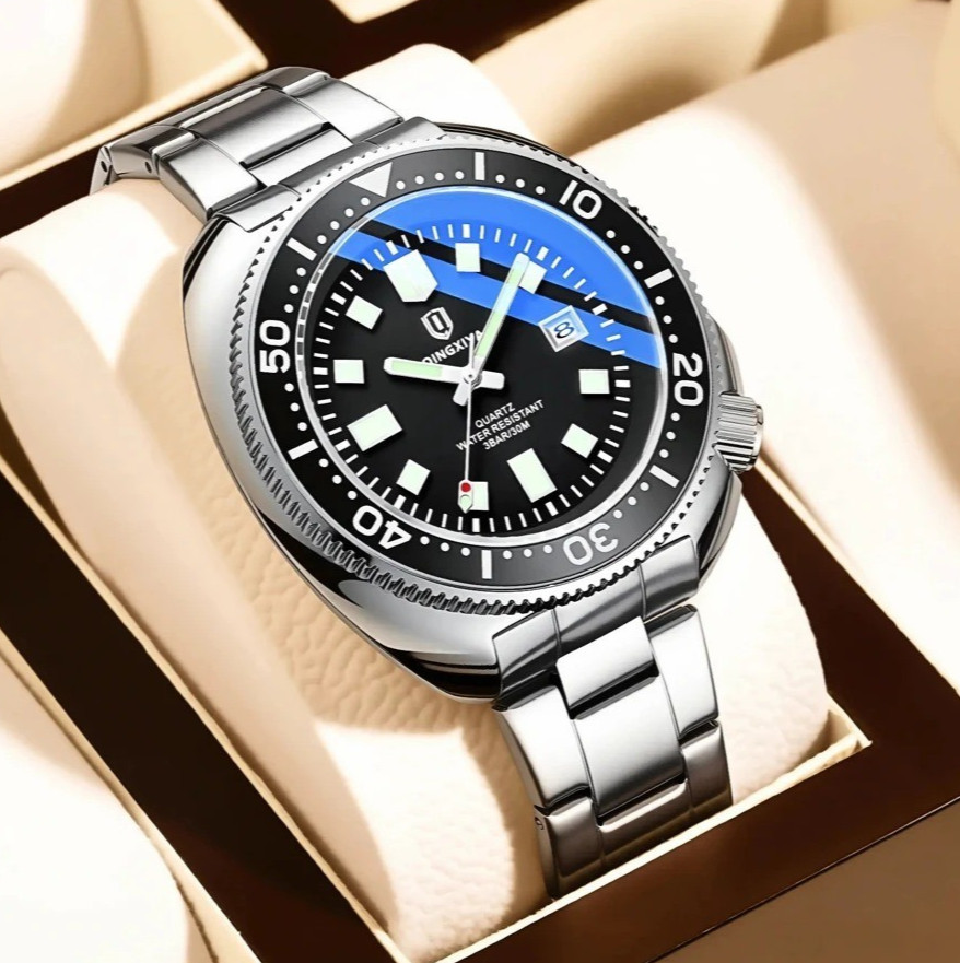 44MM QINGXIYA Tuna Quartz Mens Watch Stainless Steel 30M Waterproof Luminous NEW
