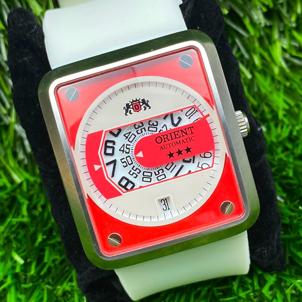 Rare Orient Jump Hour Automatic ERAM-C1 CA White Red Dial Big Size Leather Watch