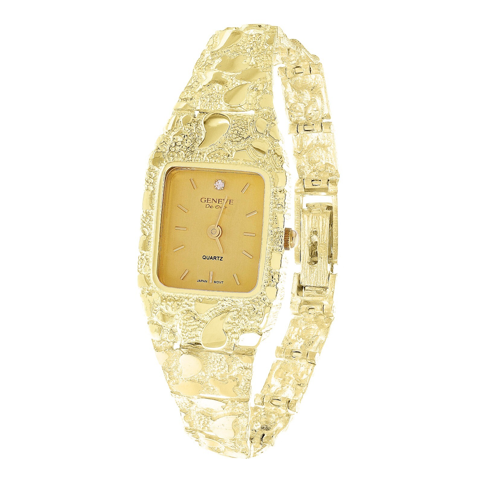 Women’s 14k Yellow Gold Nugget Bracelet Link Wrist Band Geneve Diamond Watch 7″
