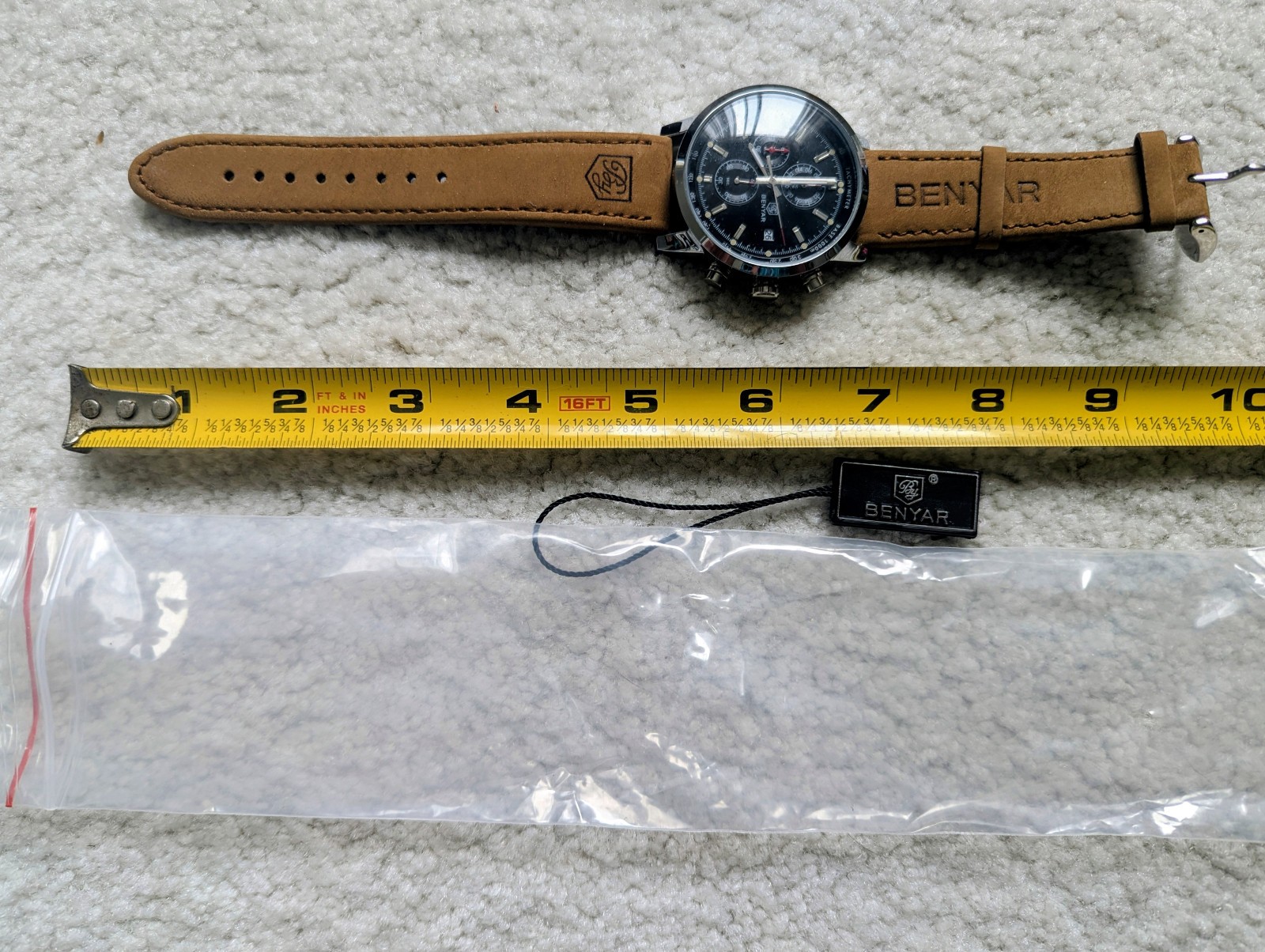 NEW Benyar BY-5102M Mens Watch 43mm Black Dial Chronograph Date Beige Leather