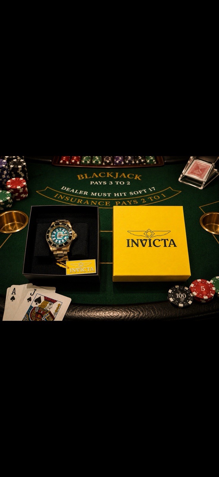 Invicta Pro Diver Men’s Quartz Date Gold/Green Playing Cards Dial Box