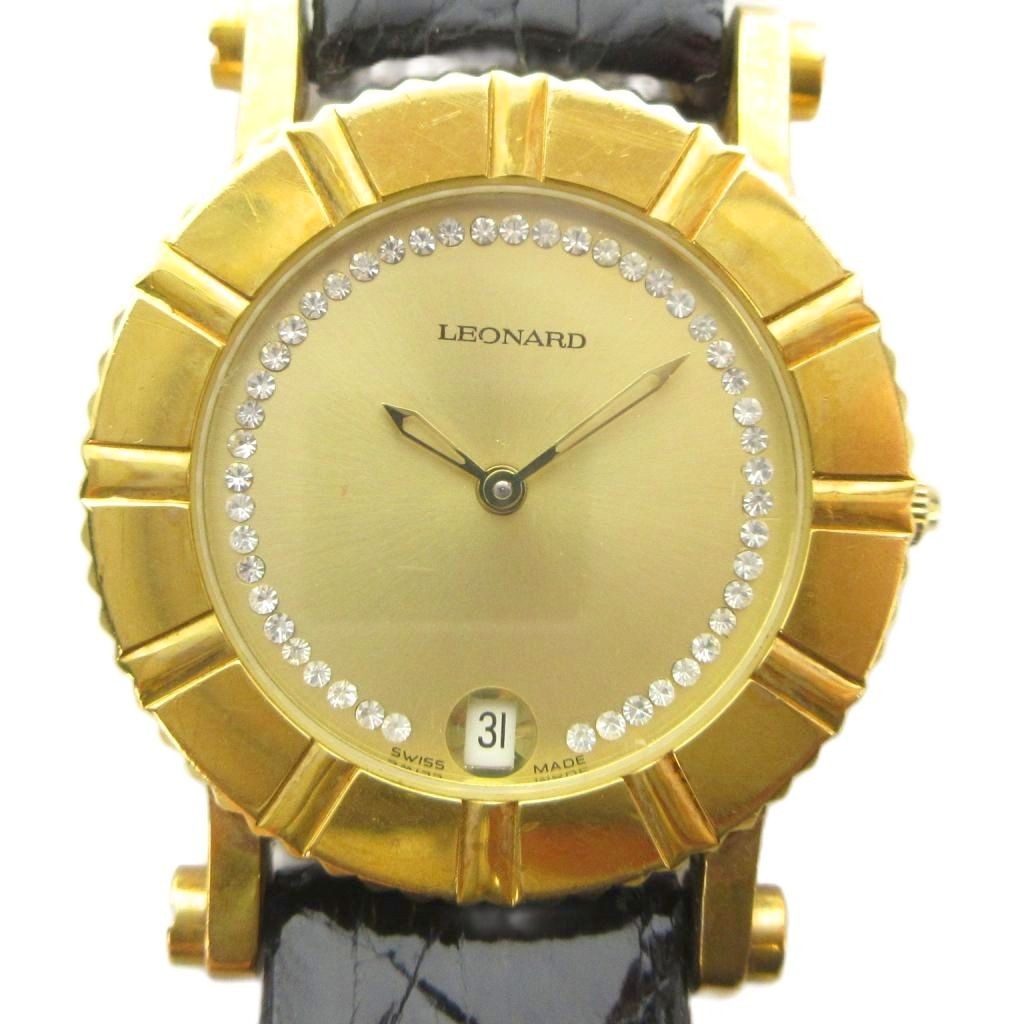 Leonard 1335 Women’s Quartz Watch Gold Leather Band 30mm AB Authentic