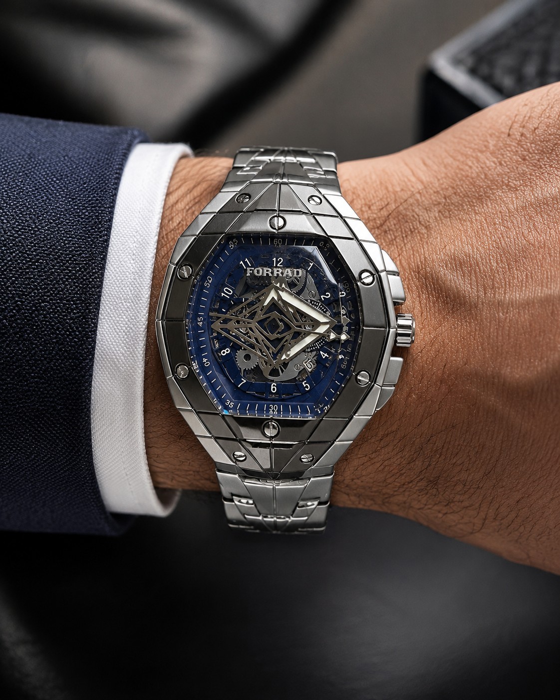 FORRAD Automatic Skeleton Watch Blue Dial Stainless Steel Men’s Watch New in Box