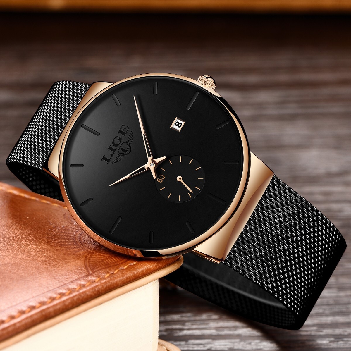 Men’s Watch Mesh Strap Quartz Analog Date Calendar Dial Waterproof Wrist Watches