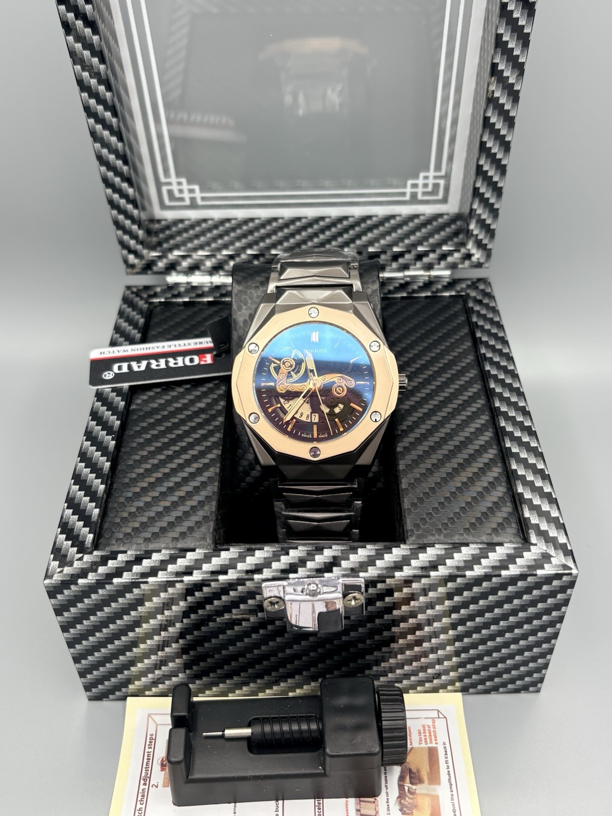 FORRAD Men’s Watch Blue Dial Rose Gold Bezel Gunmetal Steel Bracelet Gift Box
