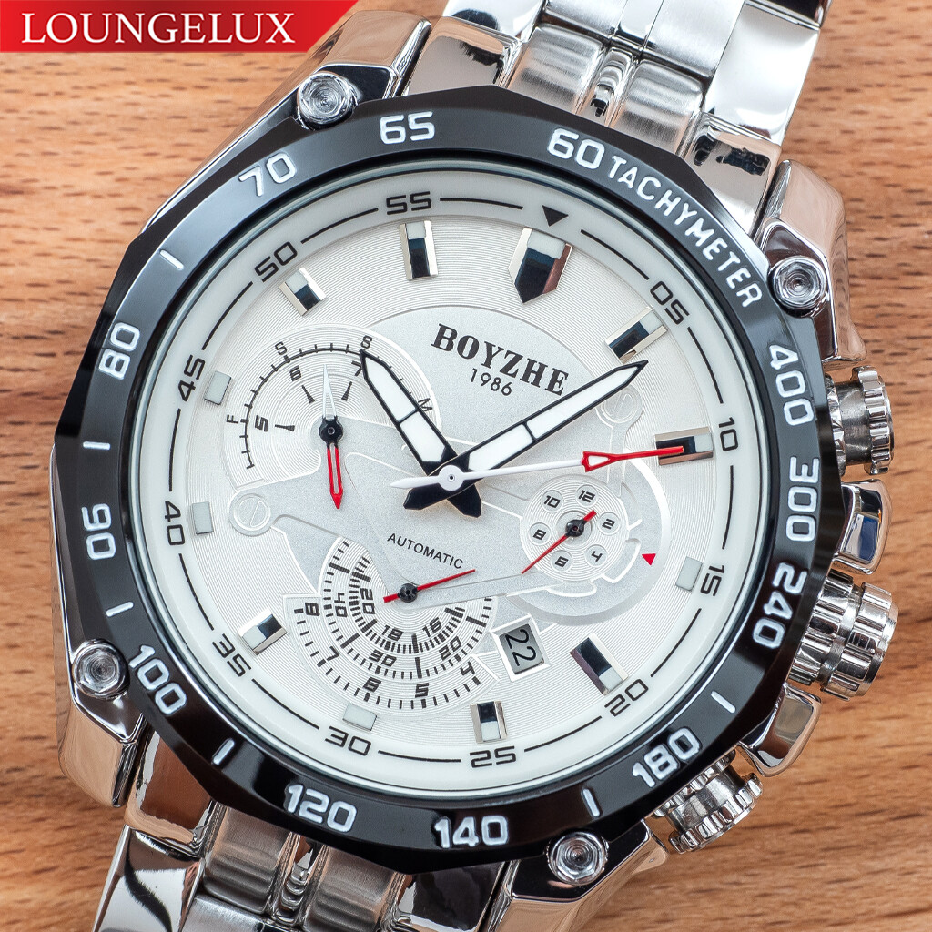 Mens Silver Army Automatic Mechanical Watch Luminous White Dial Stainless Steel