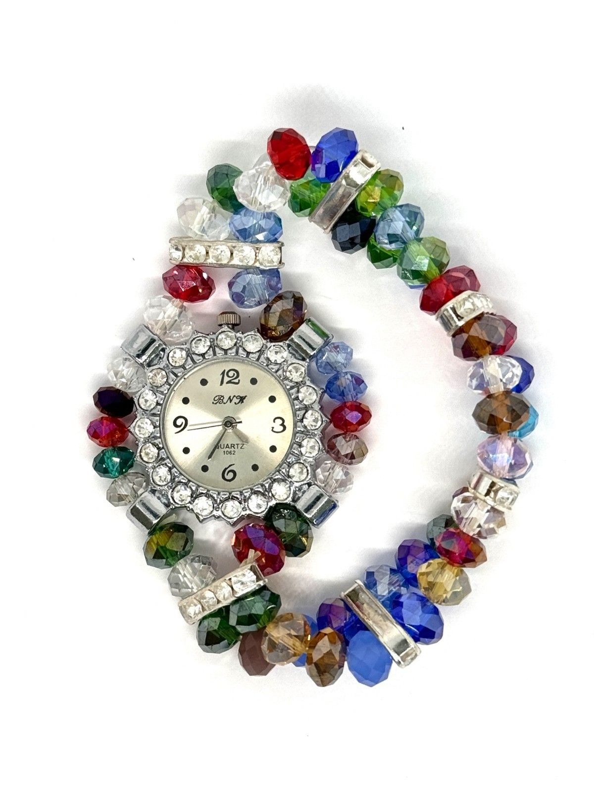 Silver & Assorted Crystal Ladies Watch Silver Face Bracelet #1174