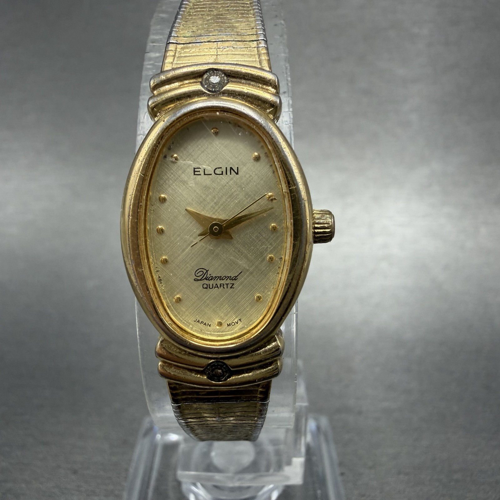 Elgin Watch Women 16mm Champagne Dial Gold Tone Oval Diamond Quartz New Battery