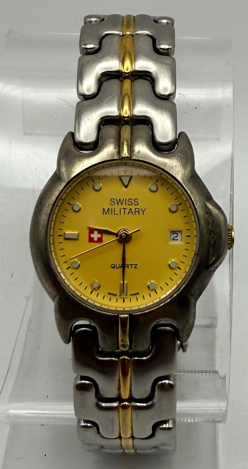 Womens Swiss Military Quartz Two-Tone SS Bracelet Gold Dial Date 3 ATM Watch