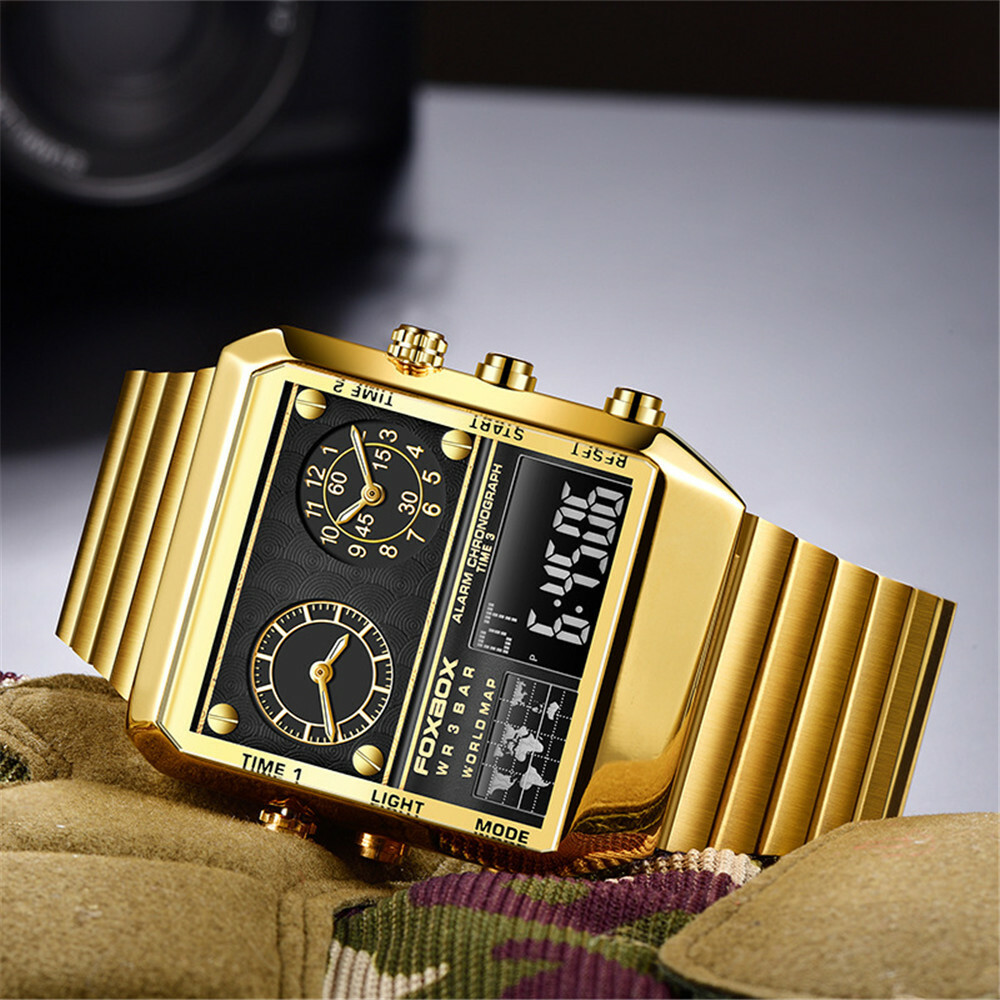 KC LIGE FOXBOX Men Rectangle Watch Steel Quartz Business Digital Wrist Watch