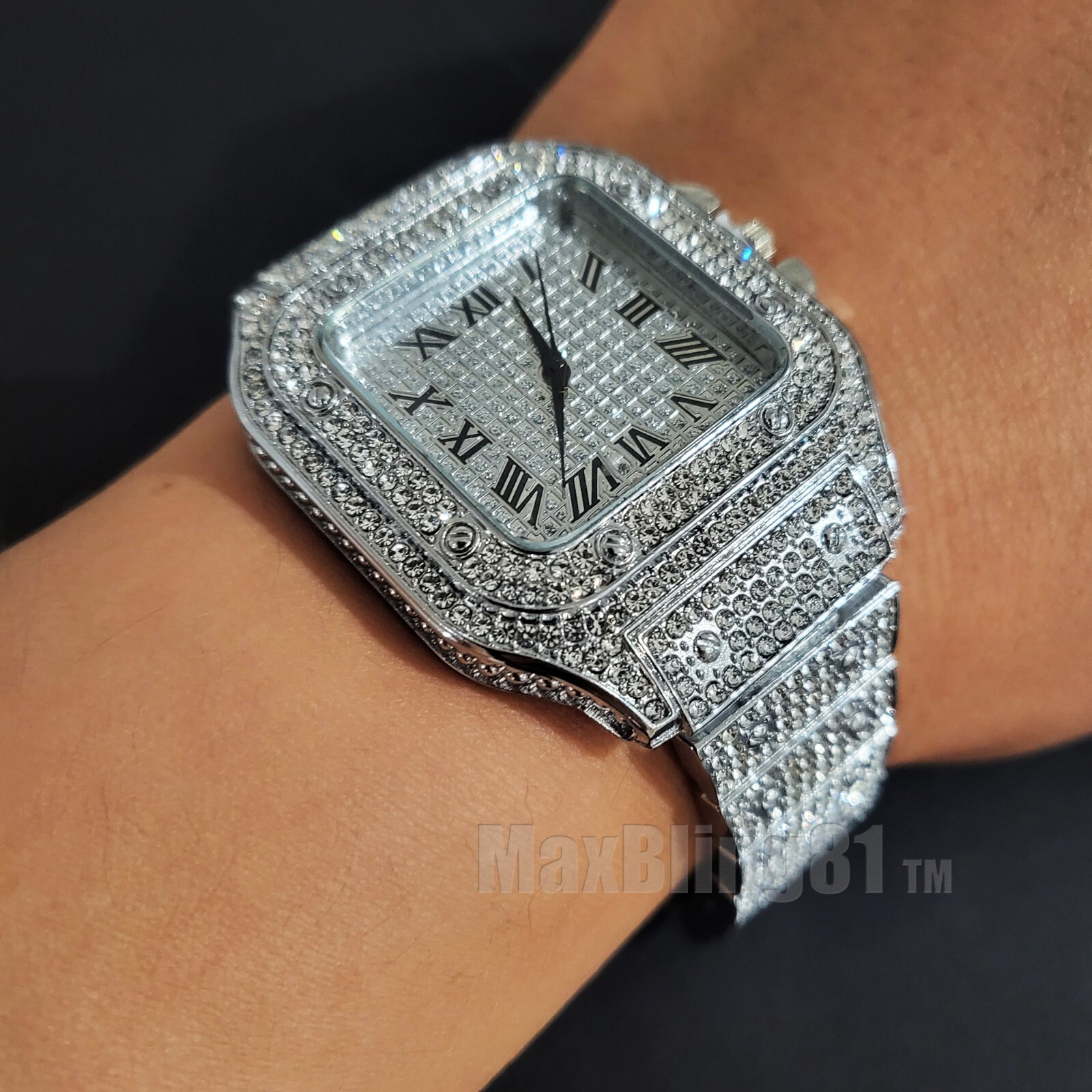 Men Square Watch Hip Hop Silver Simulated Diamond Full Iced Cuban Bracelet Gift