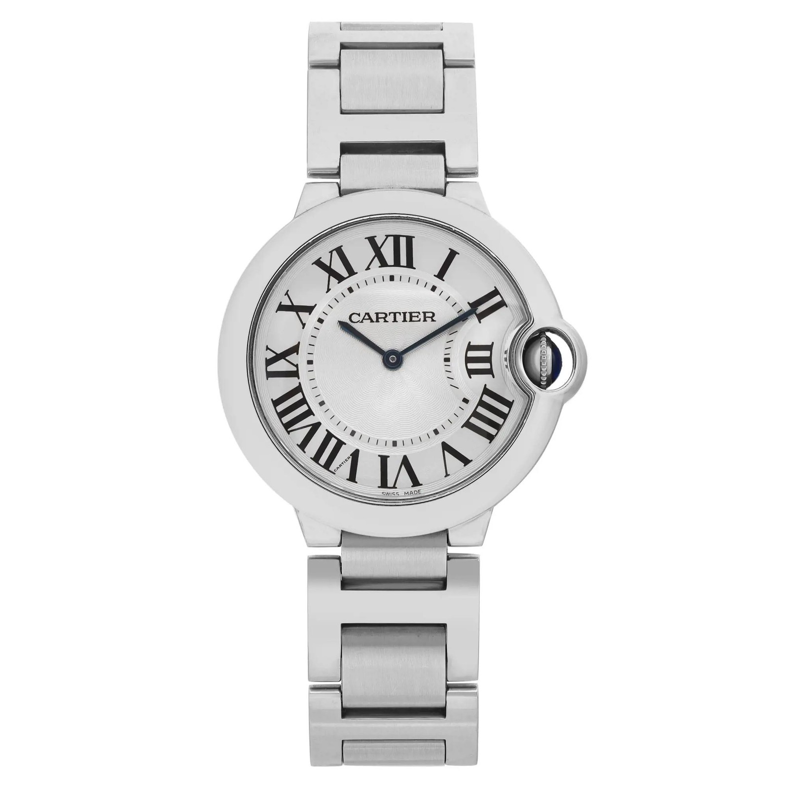 Cartier Ballon Bleu 36 Silver Guilloche Roman Dial Quartz Unisex Watch W69011Z4
