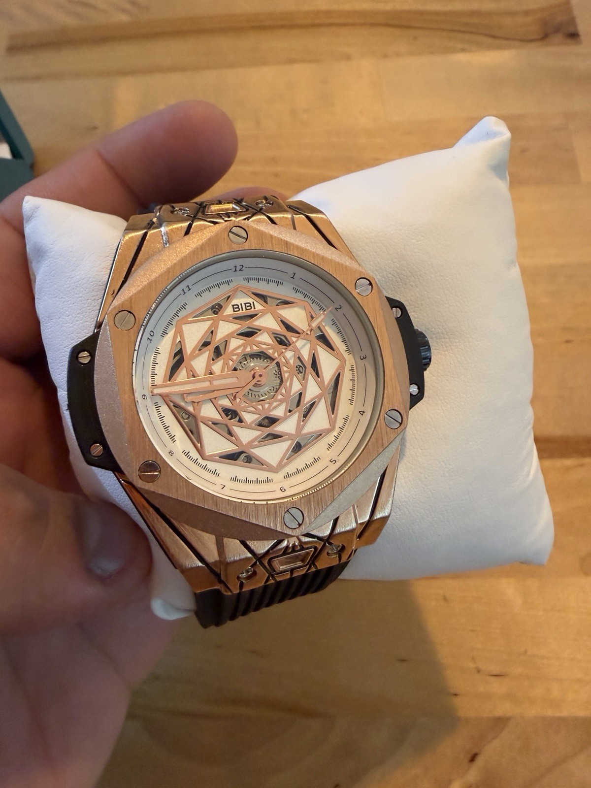 BIBI Automatic Skeleton Watch Rose Gold SS Case Black Rubber Band, Box