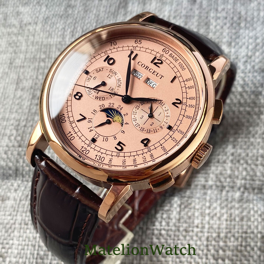 Corgeut 42mm Silver/Rose Gold Automatic Mens Watch Day Date Month Year Day/Night
