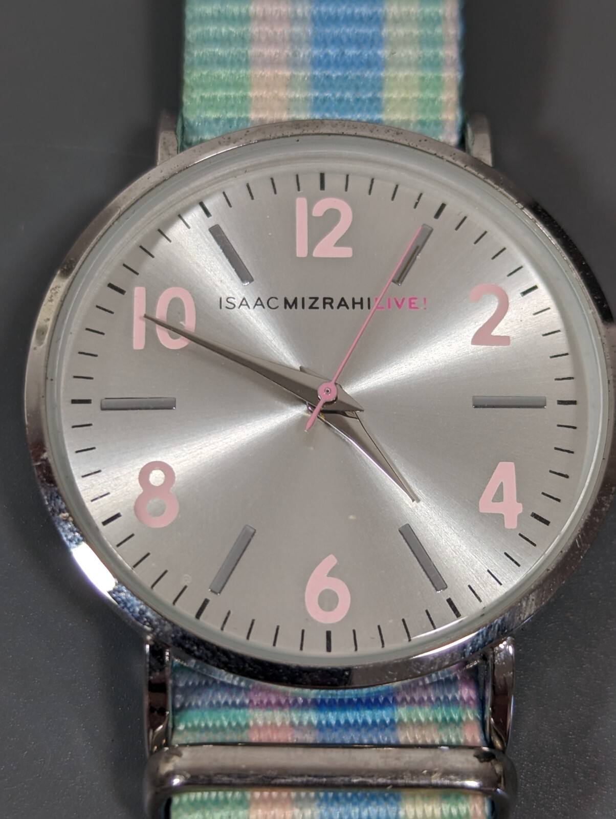 Isaac Mizrahi Live Silver Tone Dial Round Case Blue Green Pink Canvas Band Watch