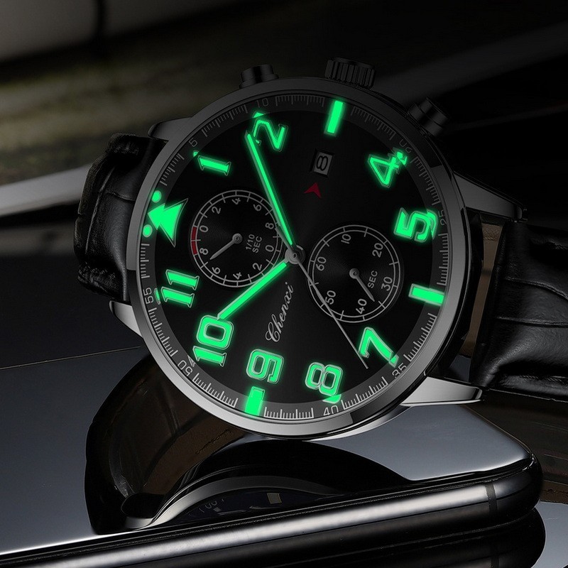 CHENXI Men’s Leather Calendar Multifunction Chronograph Luminous Quartz Watch