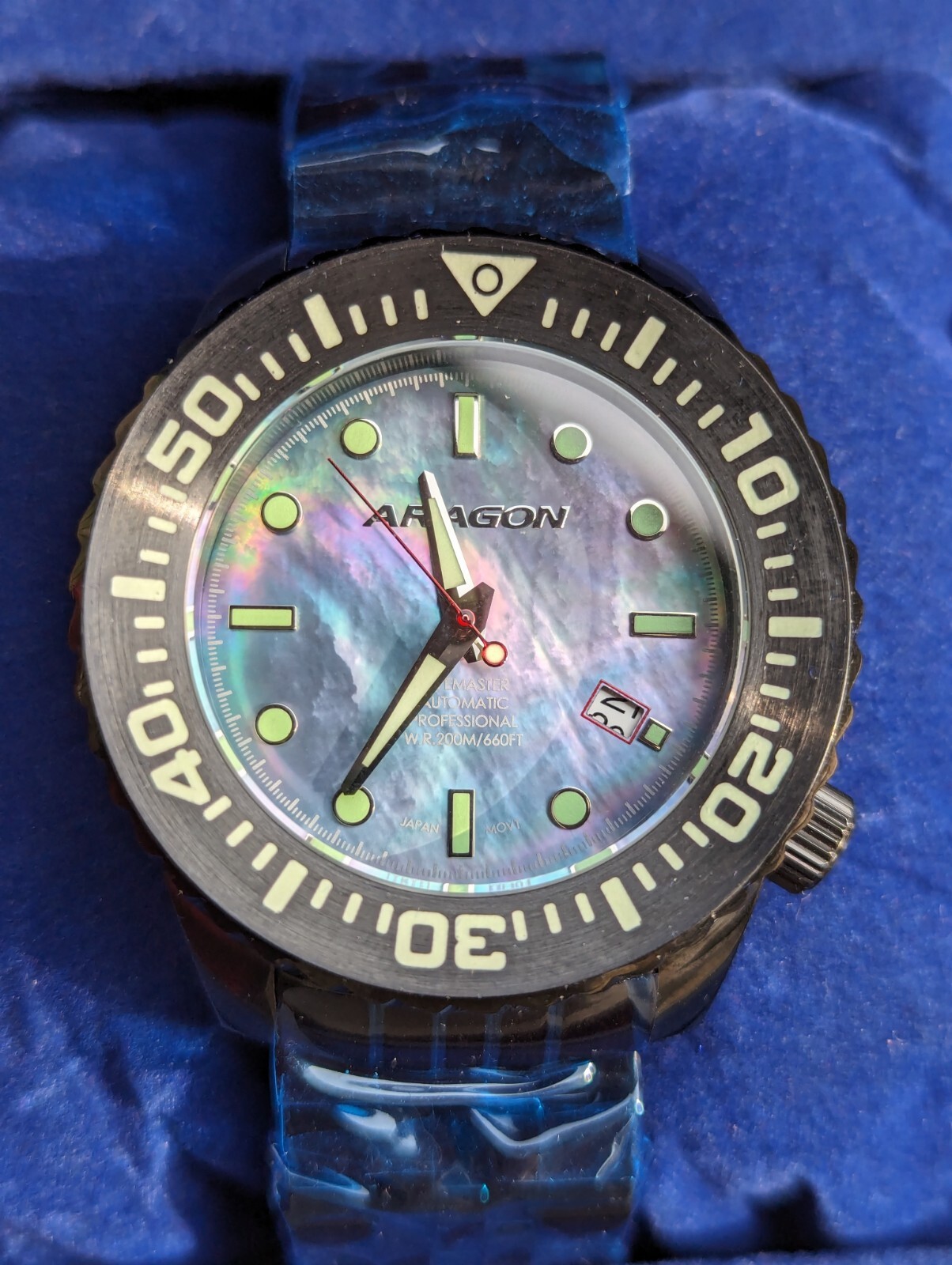 ARAGON DIVEMASTER EVO IP Black 45mm Automatic Platinum MOP NH35 24 Jewels