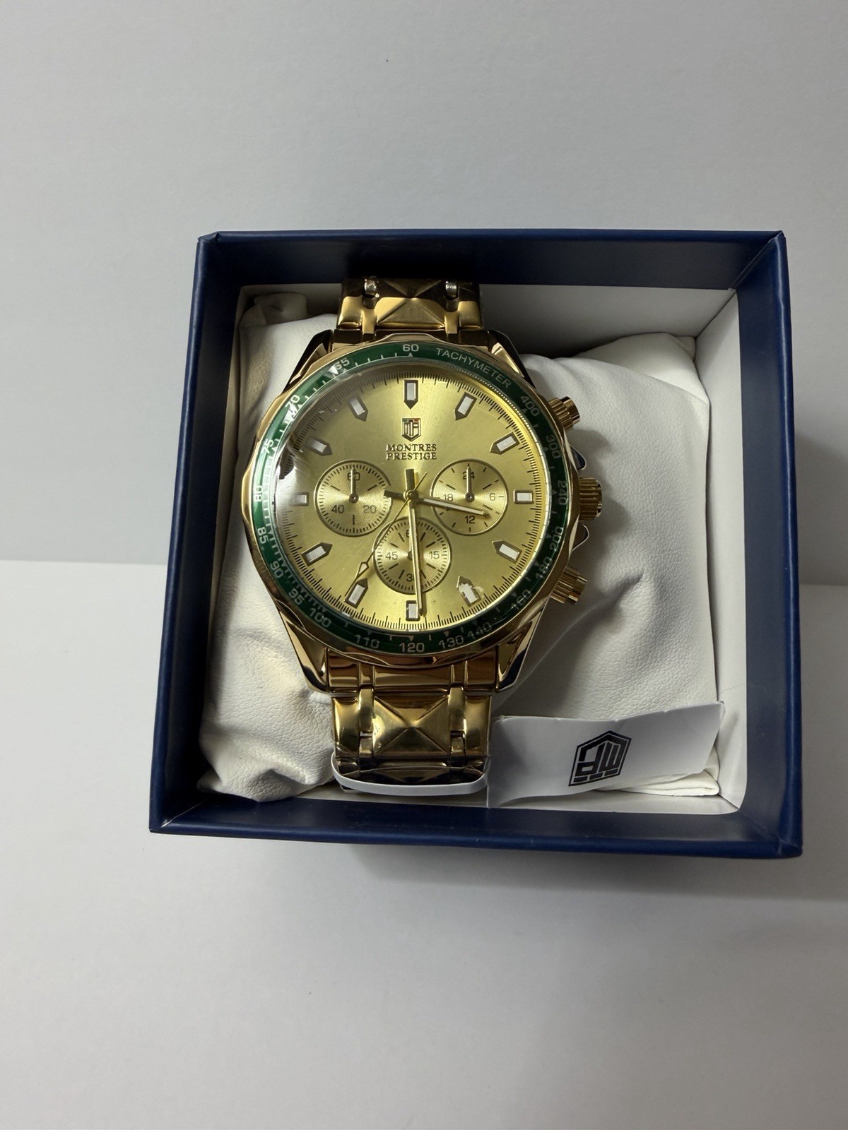 Montres Prestige Men’s Chronograph Quartz Watch Green Tachymeter Bezel w/ Box