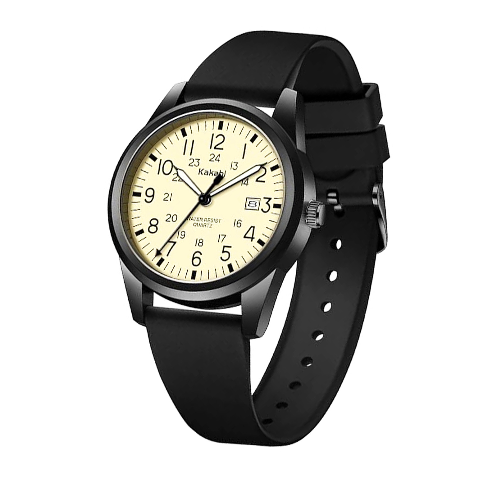 Japanese Quartz Movement Watch 39mm Case Silicone Band 30M Waterproof 12/24 Hour