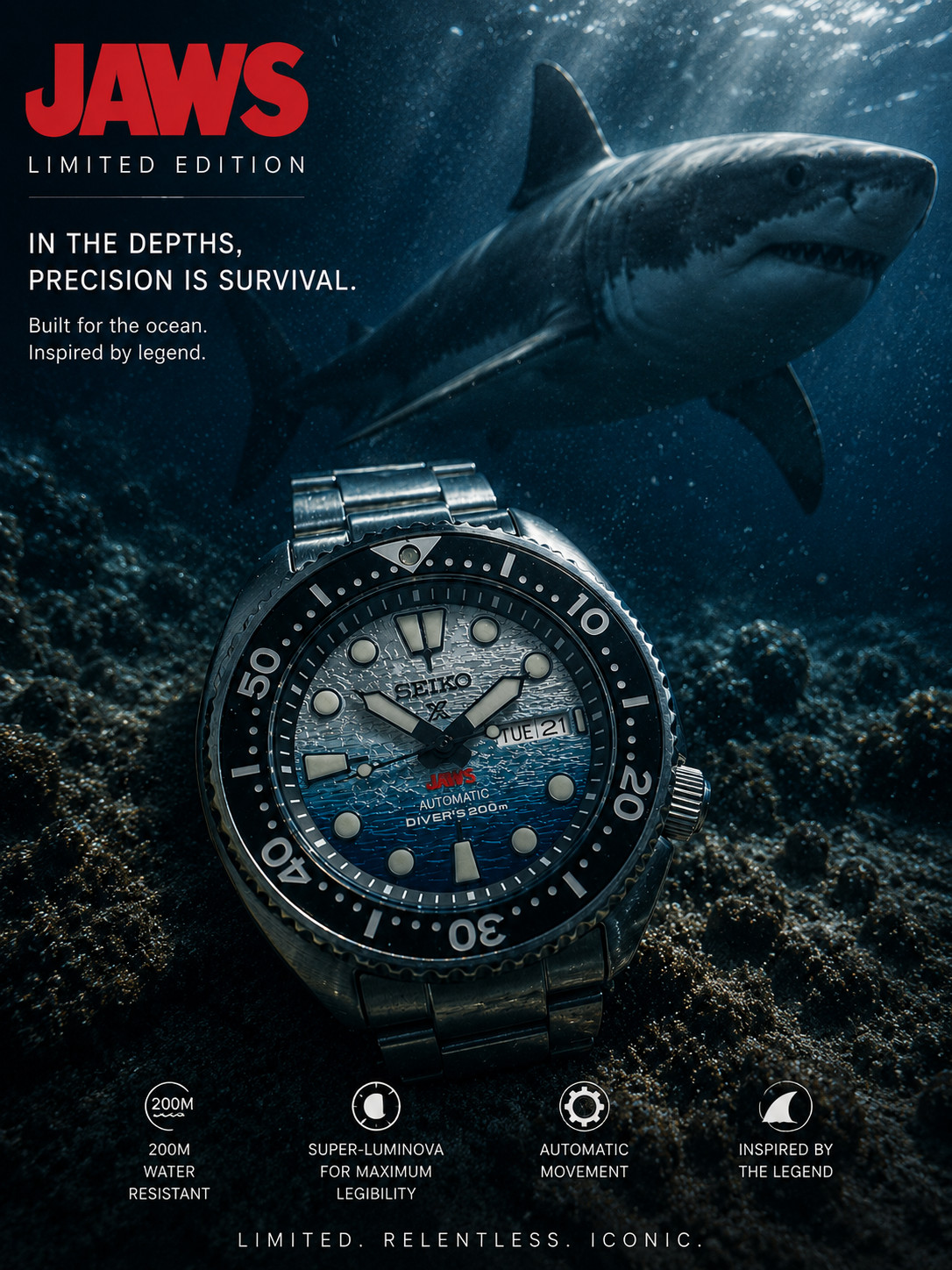 CJ CUSTOM OEM JAWS 50th ANNIVERSARY DIAL WR20ATM