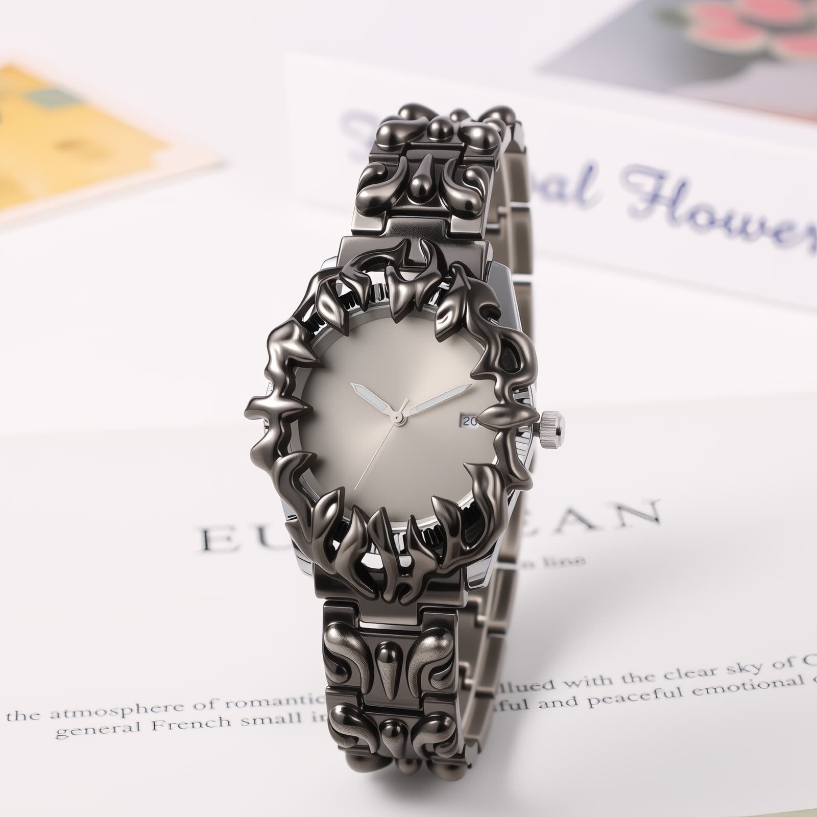 Men Punk Y2K Embossed Flame Adjustale Strap Date Luminous Wrist Watch for Party