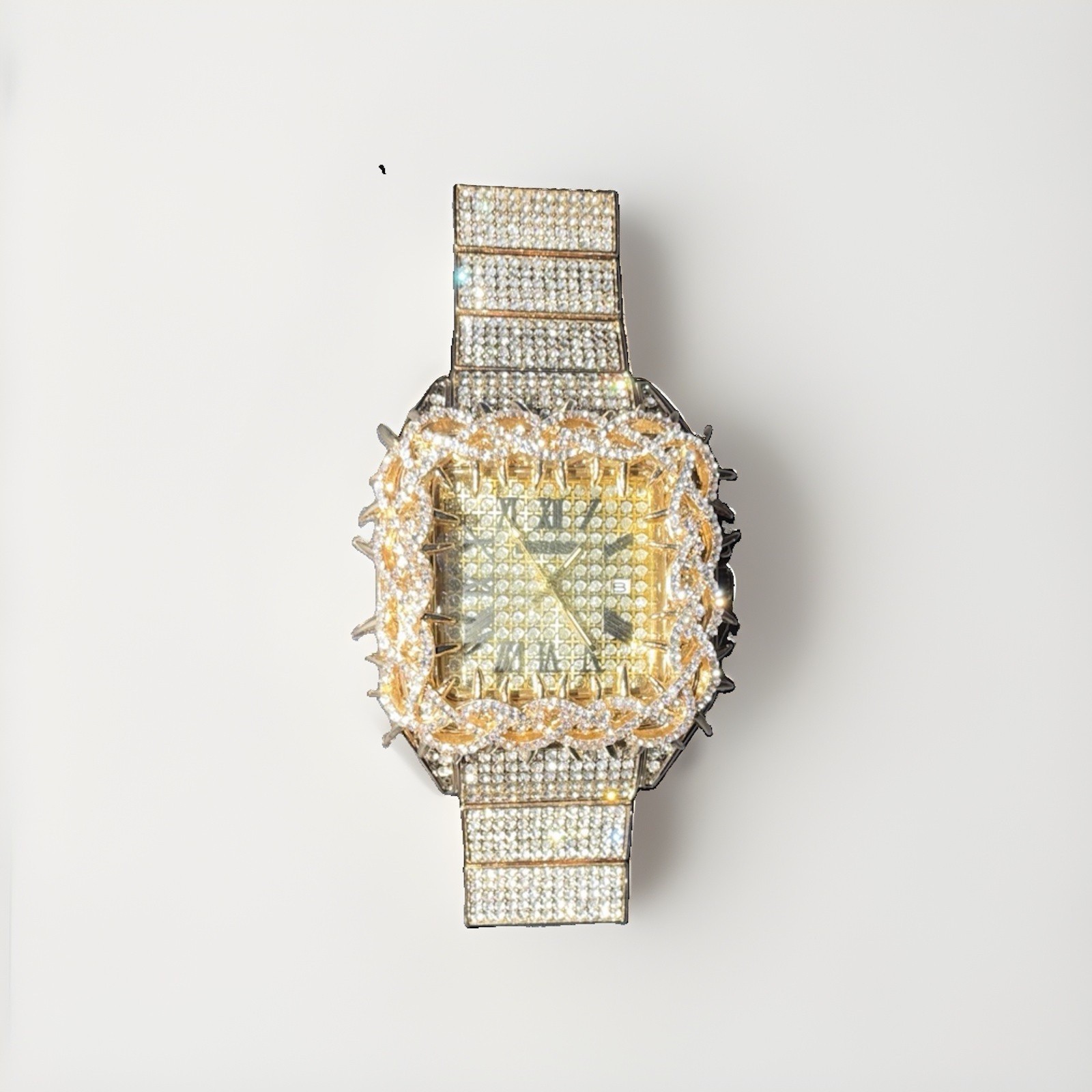 Gold Tone Square Analog Wristwatch Metal Bracelet Band 12-Hour Dial Luxury