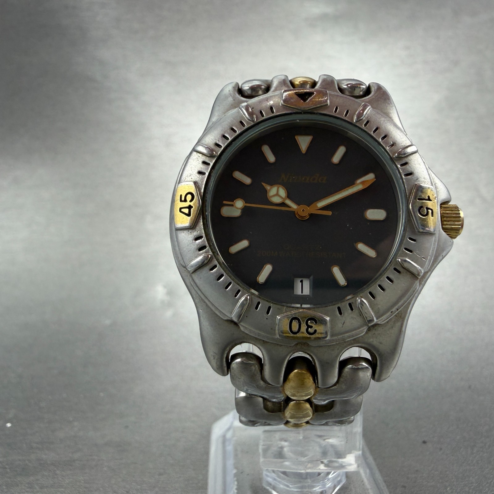 Nivada Dive Watch Men 35mm Gray Dial Two Tone Date Round New Battery