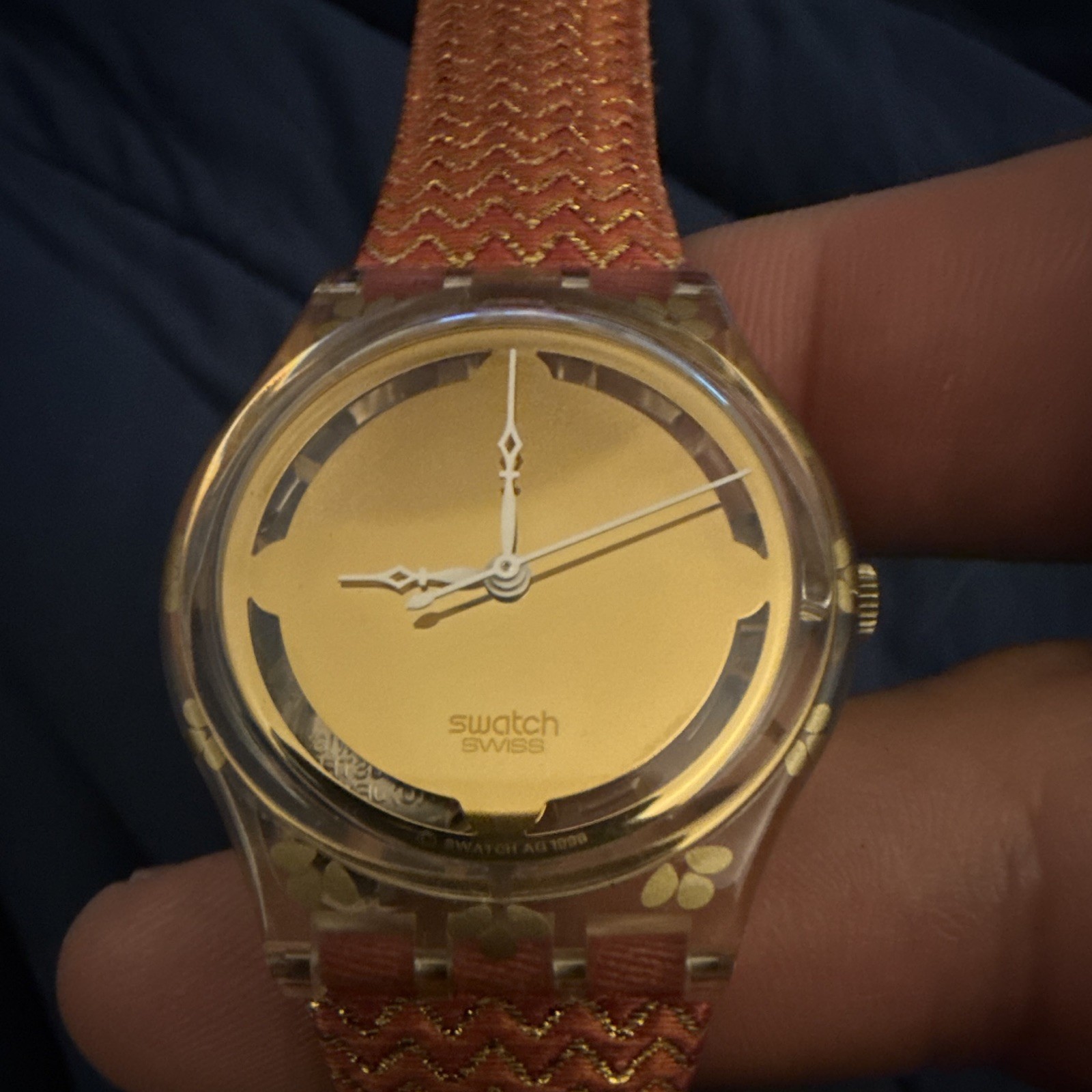 Swatch Skin Quartz Analog Watch 34mm Clear Plastic Case Gold Dial Orange Leather