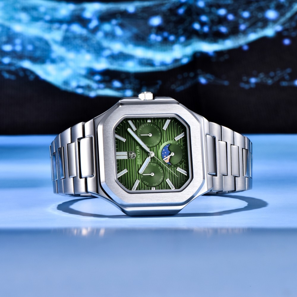 Men’s Quartz Watch Moonphase Hardlex Crystal Luminous Waterproof Stainless Steel