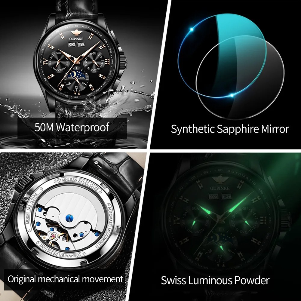 Automatic Mechanical Watch Waterproof Moon Phase Luxury Men Men’s Strap