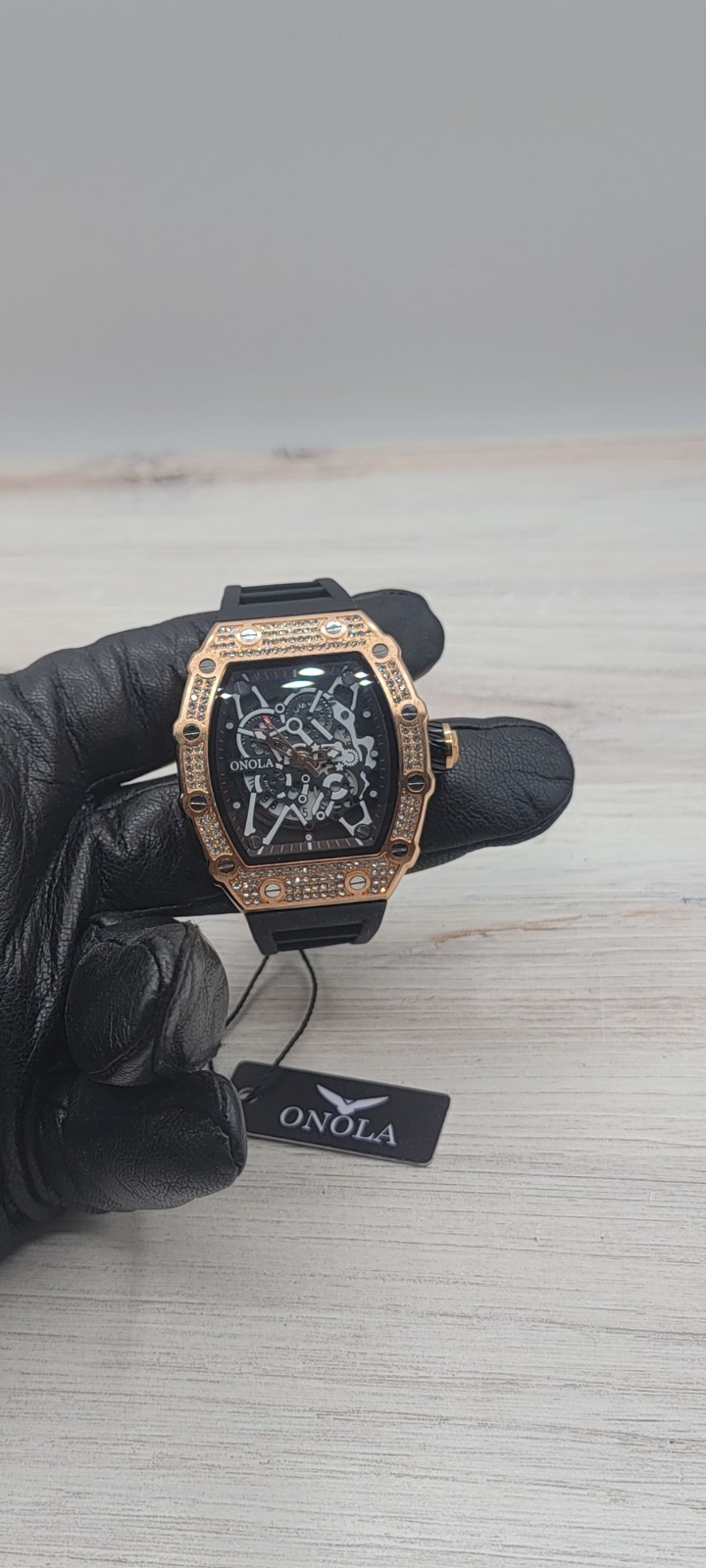 ONOLA Automatic Mechanical Skeleton Watch Rose Gold Black Diamond Style New With