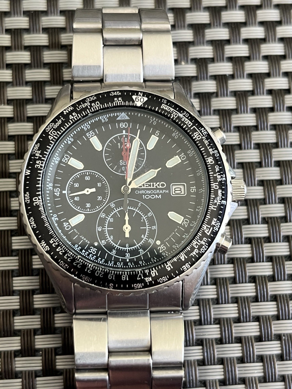 Seiko Flightmaster Chronograph Watch Men 40mm Black dial Steel Date New BatteryA