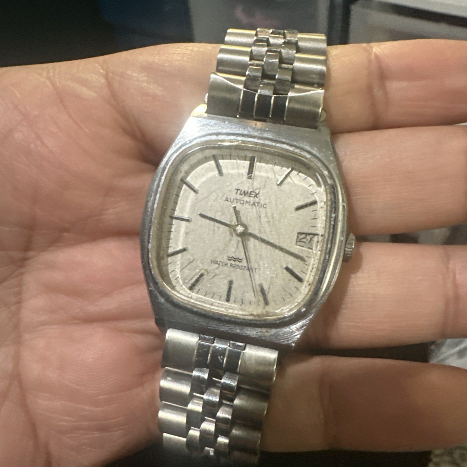 Working Vintage Timex Automatic Mens watch Silver Tone Steel 34mm Fit 7.5 Runs
