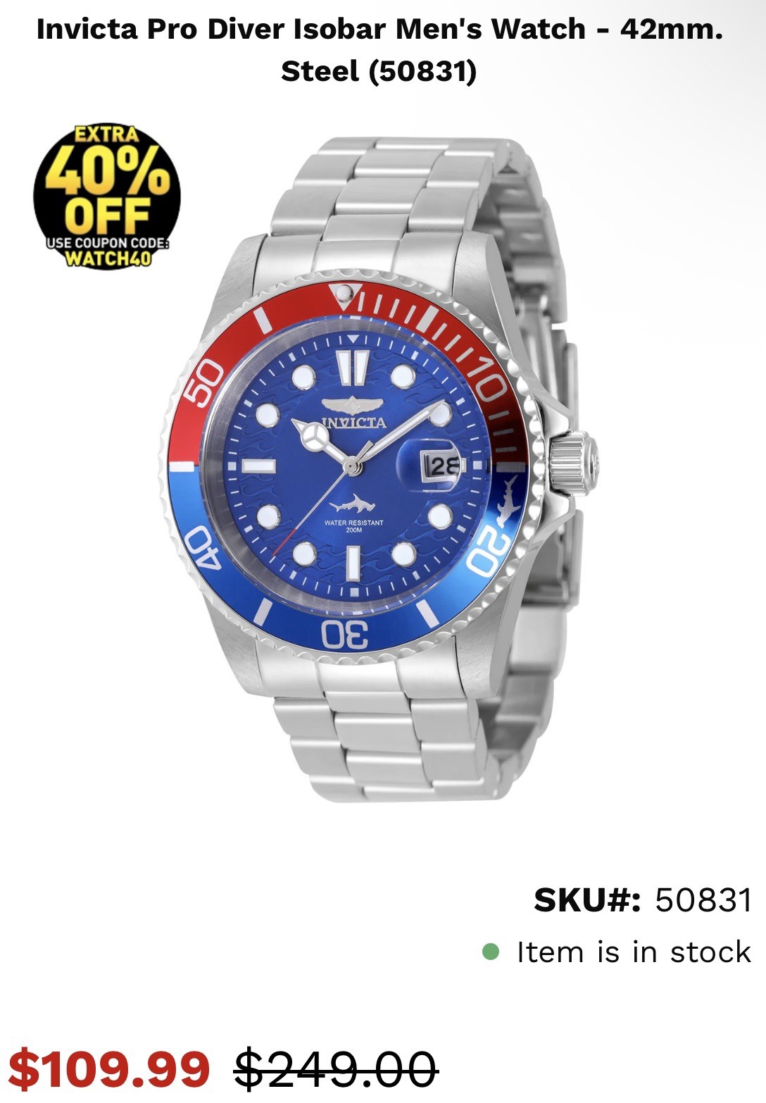 Invicta Pro Diver Isobar Men’s Watch Blue Dial Red/Blue Bezel 42mm – 50831