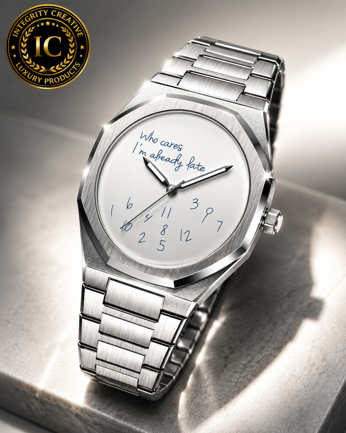 Men’s Funny Fashion I’m Already Late Stainless Steel White Dial Octagon Watch
