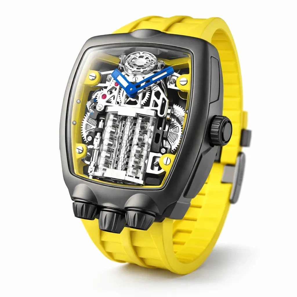 Montres Prestige Engine X Skeleton Dial Automatic Watch 44mm Yellow MPW-0357 NIB