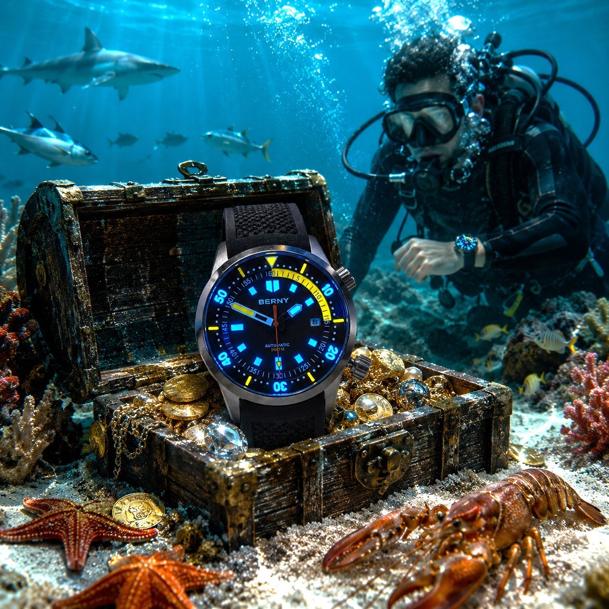 BERNY Automatic Diver Watch 41.5mm for Men 200M Waterproof Miyota 8215 movement