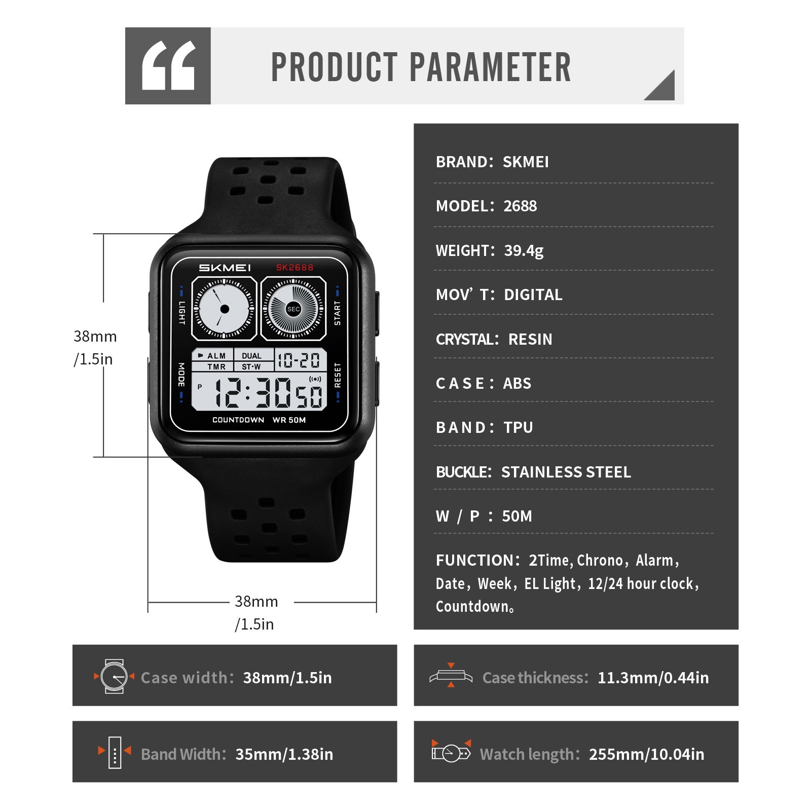 SKMEI Men Digital Watch Countdown Electronic Wristwatch Student Boys Alarm Watch