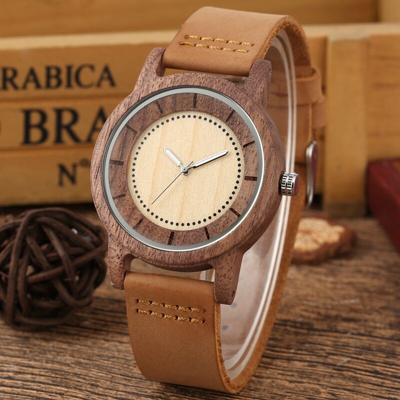 Men’s Wooden Watch Handmade Natural Wood Leather Strap Bamboo Quartz Watches