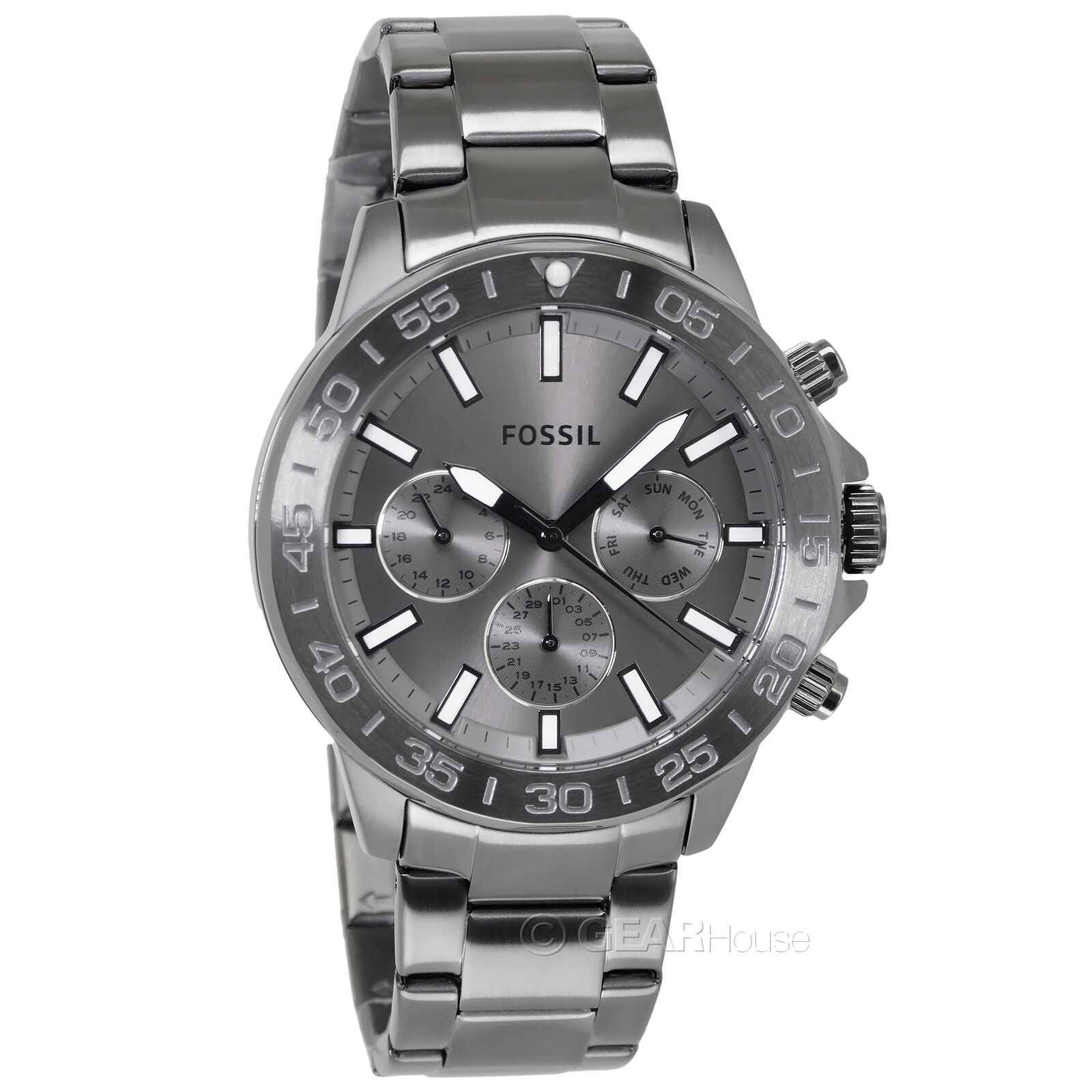 FOSSIL Bannon Mens Multifunction Watch, Gray Dial Day Date, Stainless Steel Band