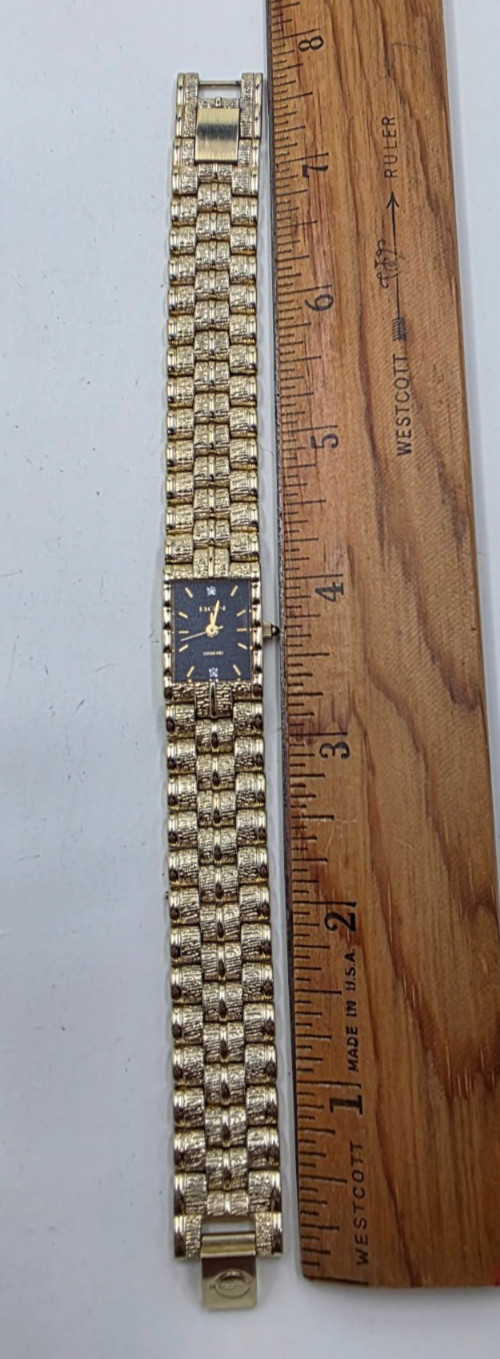 Vintage Elgin Gold Plated Rectangle Watch FG007N Black Textured Dial, Real Diamo