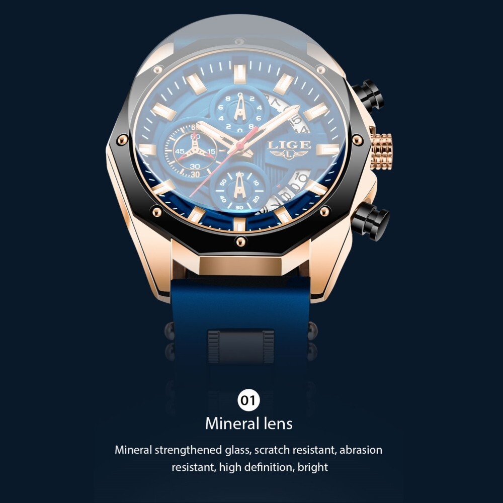 LIGE Men Watch Quartz Date Luminous Chronograph Waterproof Sport Wristwatch Gift