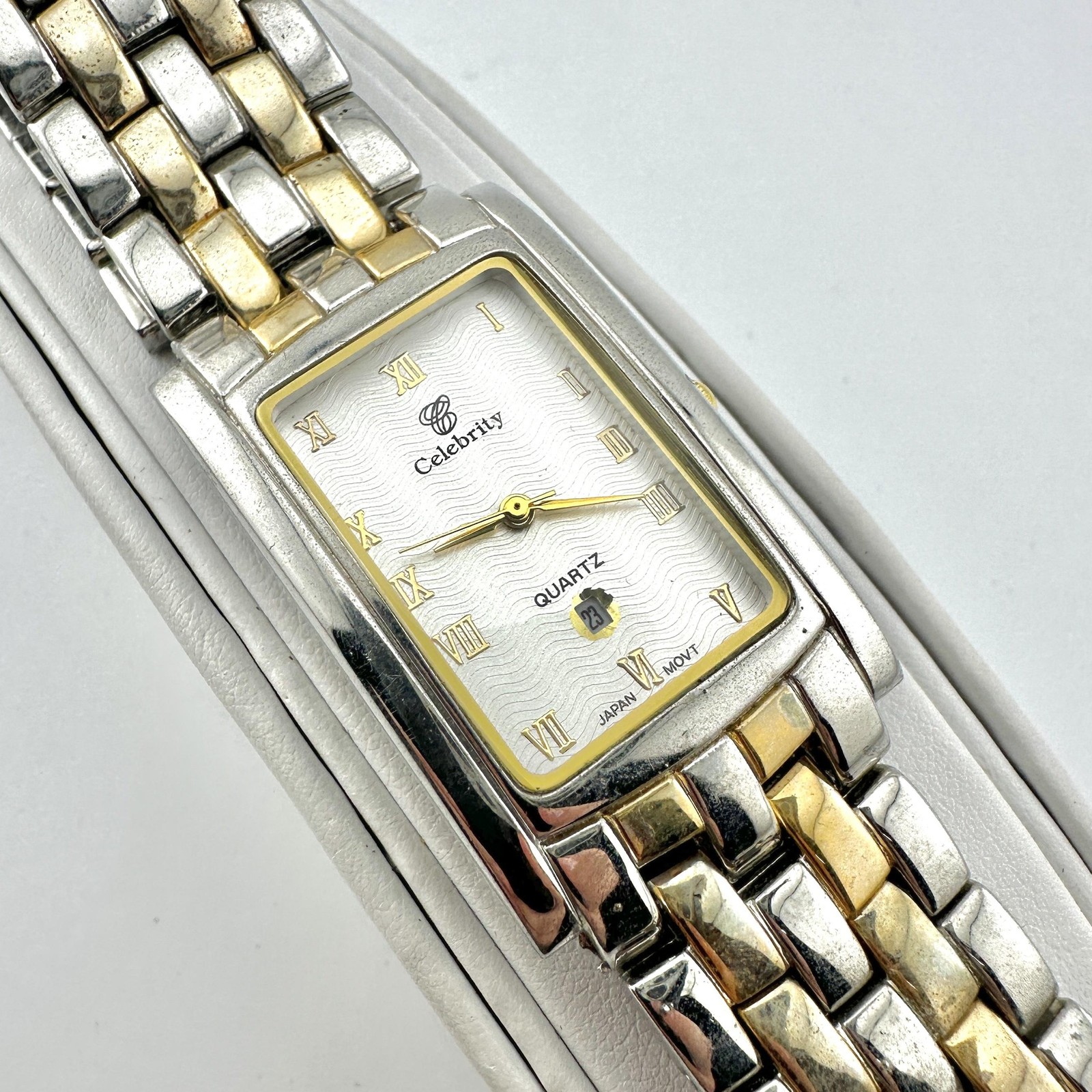 Celebrity Quartz Watch Rectangular Tank Two-Tone Roman Numeral Date Japan Movt