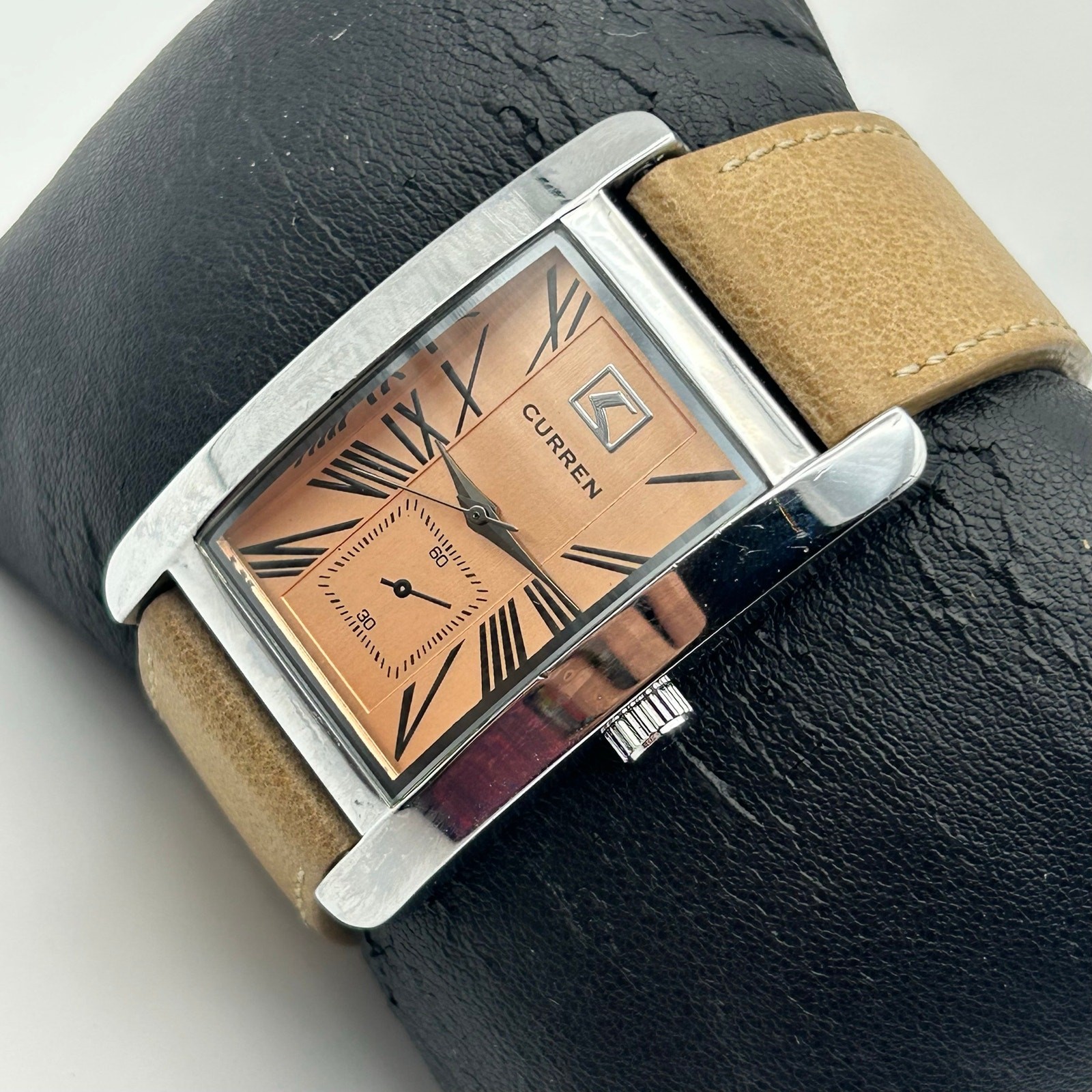 Curren Silver-tone Rectangular Case Copper-toned Dial Brown Leather men’s Watch