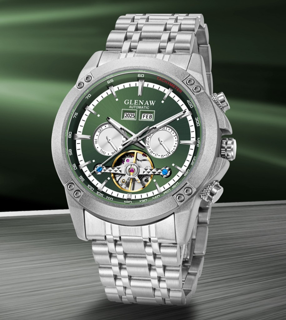 GLENAW men’s automatic mechanical watch skeleton calendar dial luminous hands