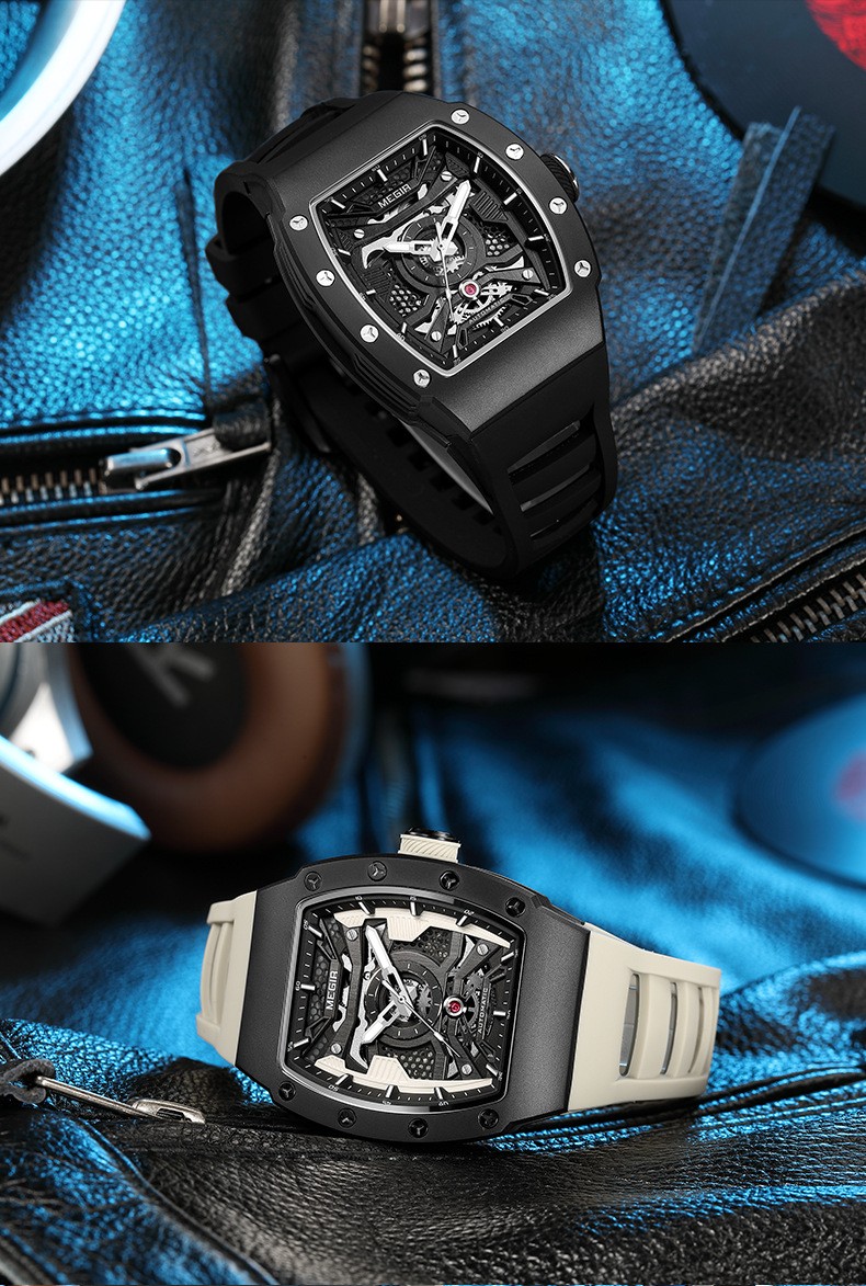 MEGIR Men’s Automatic Watch – Stainless Steel, Silicone Strap, Waterproof,