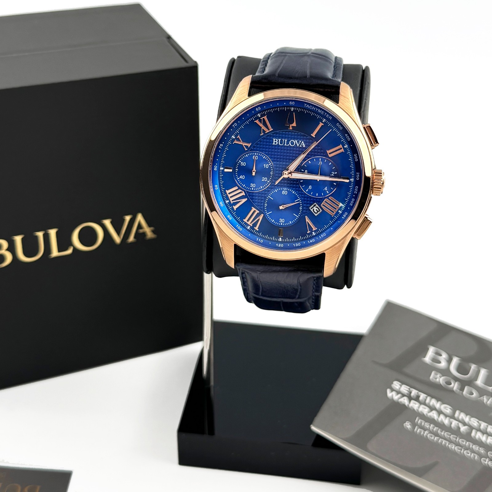 Bulova Wilton 97B170 Chronograph Quartz Blue Dial Leather Strap Men’s Watch