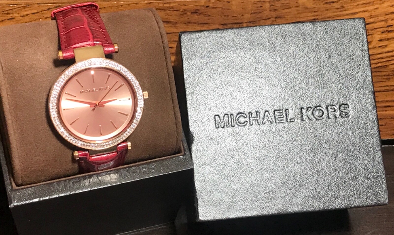 MICHAEL KORS Darci Dark Red Leather Strap Crystal Bezel Watch NEW Needs Battery