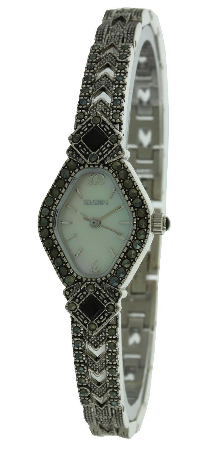 Vintage Elgin Black Onyx & Marcasite Women Watch New in Box