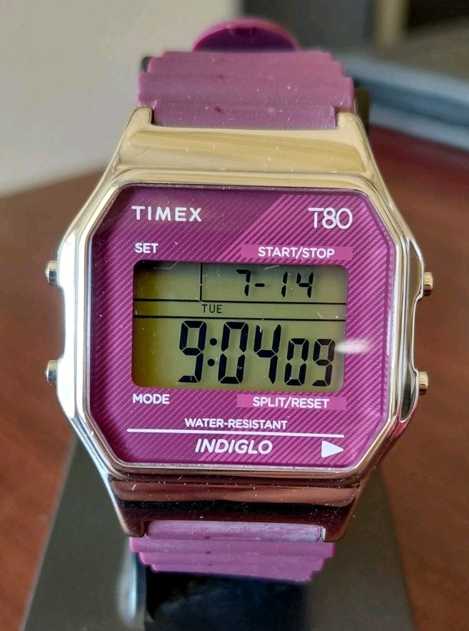 Timex T80 TW2V41300 Retro 34mm LCD Quartz Unisex Burgandy Watch Ships Free